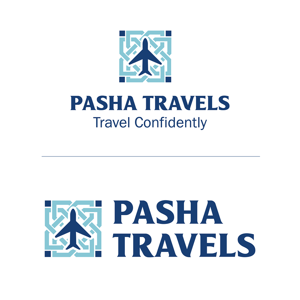 Pasha Travels Logo, blue airplane in geometric tile