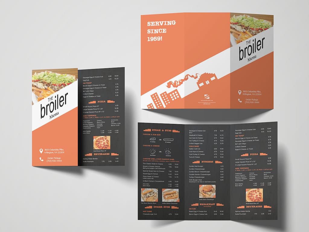 The Broiler Menu Brochure Design shows the back and inside.