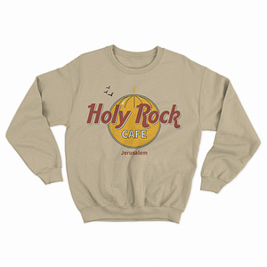 mockup sand-color sweater with Holy Rock Cafe graphic