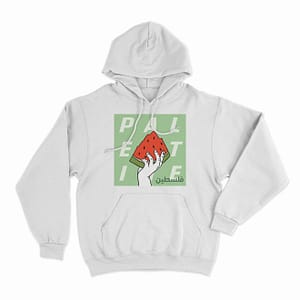 White hoodie mockup with Palestine watermelon graphic