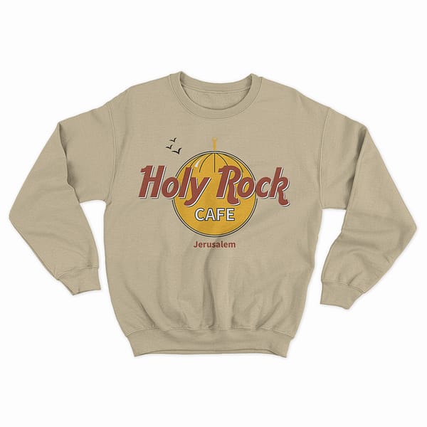 mockup sand-color sweater with Holy Rock Cafe graphic